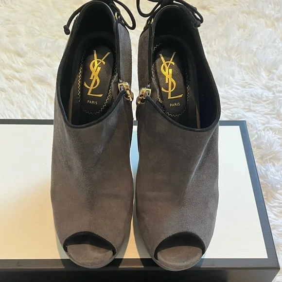 YSL gray suede lace up back wedges - Picture 5 of 8